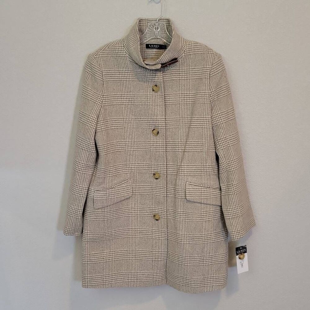 Lauren Ralph Lauren Beige Plaid Tab Front Wool Blend Coat Size 14